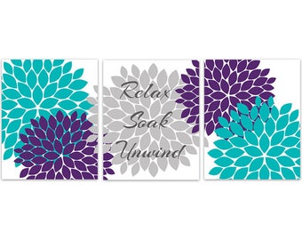 Relax Soak Unwind Canvas, Bathroom CANVAS, Teal Purple and Gray Bathroom Decor, Modern Bathroom Art, Set of 3 Bath Art Prints - BATH154