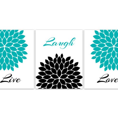 Home Decor Wall Art Aqua Grey and Black Flower Burst CANVAS Etsy