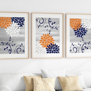 Orange and Blue Wall Decor, Flower Burst & Scroll Art, Bathroom Wall Art Prints or Canvas, Blue Orange Bedroom Wall Decor - HOME886