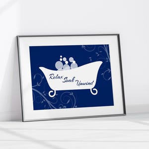 Navy Bathroom Decor Framed Print, Bathroom Canvas Wall Art, Home Decor, Relax Soak Unwind Bathtub Art, Home and Living Wall Decor - BATH115