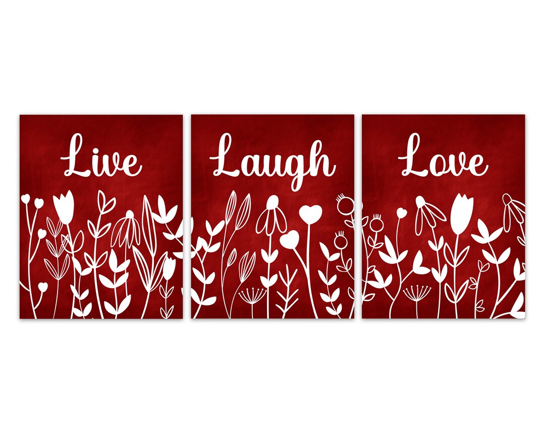 Red Wall Art Prints Wild Flowers Live Laugh Love Set of 3 Unframed