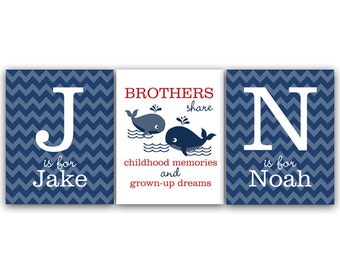 Nursery Wall Art, Brothers Wall Art, Brothers Quote CANVAS, Boys Monogram Art, Whale Nursery, Twin Boys Wall Art, Boys Room Decor - KIDS111