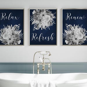 Navy Bathroom Decor, Relax Refresh Renew, Framed or Unframed Bathroom Art PRINTS or CANVAS, Set of 3 Floral Bathroom Decor - BATH592