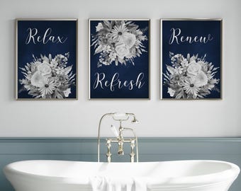 Navy Bathroom Decor, Relax Refresh Renew, Framed or Unframed Bathroom Art PRINTS or CANVAS, Set of 3 Floral Bathroom Decor - BATH592
