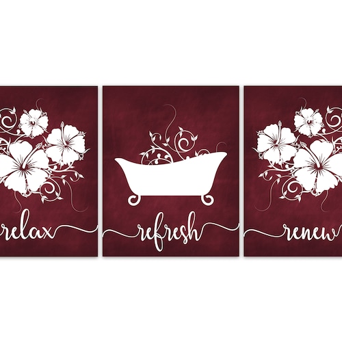 Burgundy Grey BATHROOM Wall Art Relax Renew Refresh Quotes Etsy