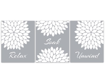 Bathroom Wall Art, Relax Soak Unwind CANVAS or PRINTS, White Gray Bathroom Decor, Modern Bathroom Art, Set of 3 Bath Art Prints - BATH329