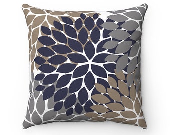 Blue Brown and Gray Flower Throw Pillow Covers, Blue Pillow Cover, Floral Nursery Pillow, Modern Home Decor, Brown and Navy Bedding - PIL92