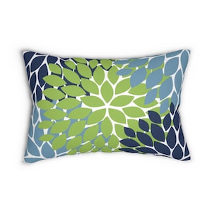 Green Flower Lumbar Pillow, Green and Blue 14x20 Throw Pillow for Girls Nursery, Cute Back Support Pillow for Home Office Decor - LBR9B