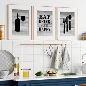 Eat, Drink, and be Happy Rustic Farmhouse Kitchen Wall Art, Eat Drink Quote, Fork Spoon, Wine Glass Art, Wood Effect, Black Decor - HOME560