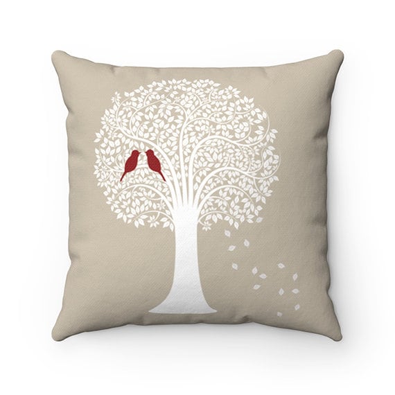 Taupe Throw Pillow, Family Tree Pillows Personalized, Love Birds Accent Pillow Covers, Wedding Gift, Anniversary Gift Pillow - PIL24
