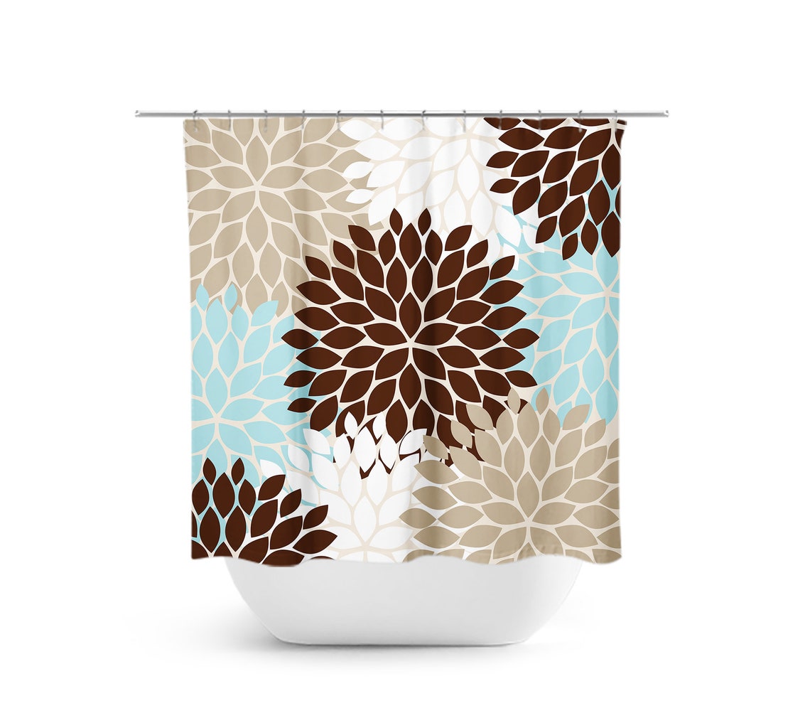 Aqua Brown Blue Shower Curtain Floral Bath Curtain Brown Etsy