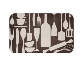 Machine Washable Kitchen Mat, Kitchen Utensil Themed Floor Mat, Soft Non-Slip Kitchen Mat, Brown Kitchen Floor Mat - MAT195
