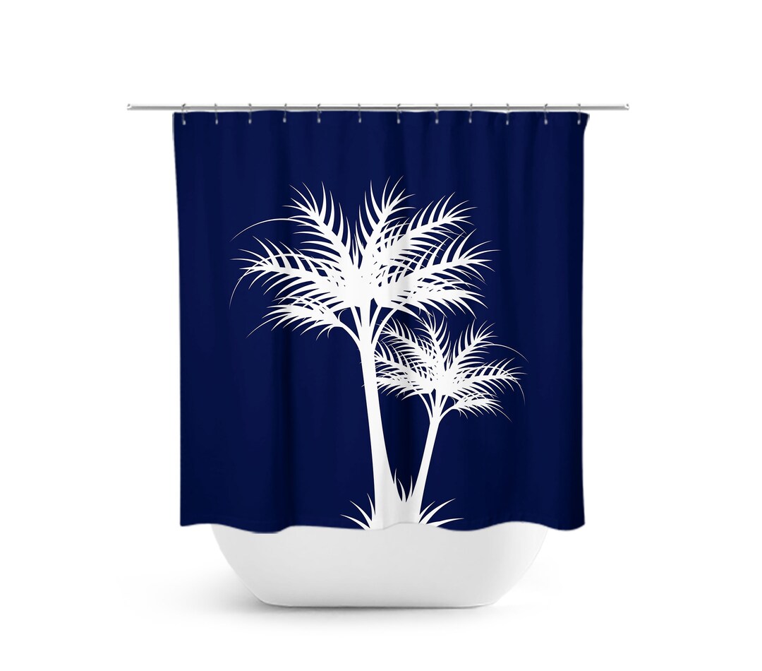 Blue and White Palm Tree Shower Curtain Tropical Bathroom Etsy
