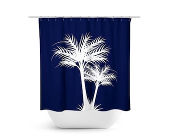 Blue and White Palm Tree Shower Curtain, Tropical Bathroom Decor, Beach House Bath Curtain, Coastal Bathroom - SHOWER91