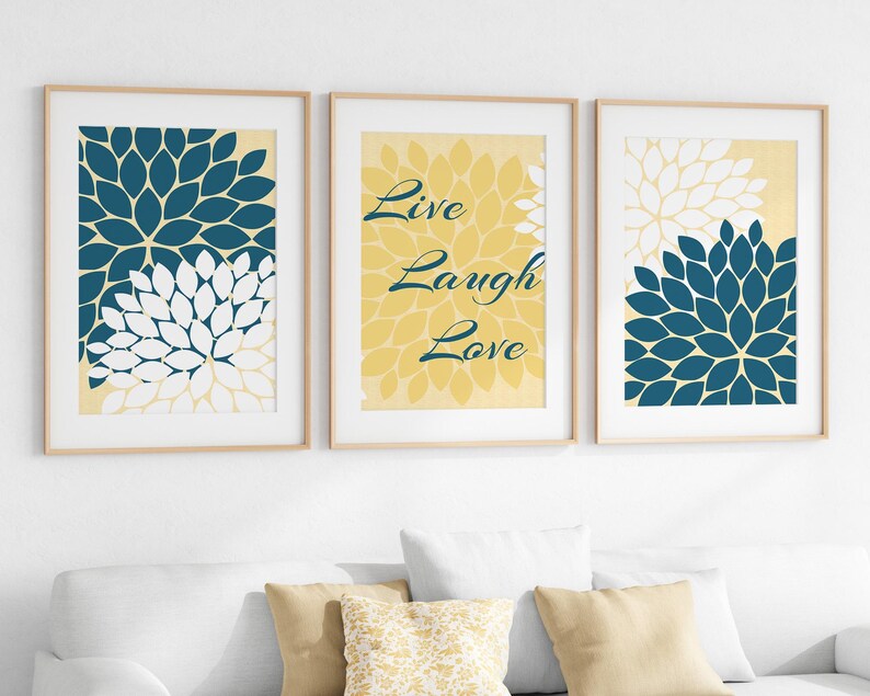 Home Decor Wall Art CANVAS, Live Laugh Love, Yellow and Blue Art, Flower Burst Bathroom Wall Decor, Blue and Yellow Bedroom Decor - HOME30 image 7
