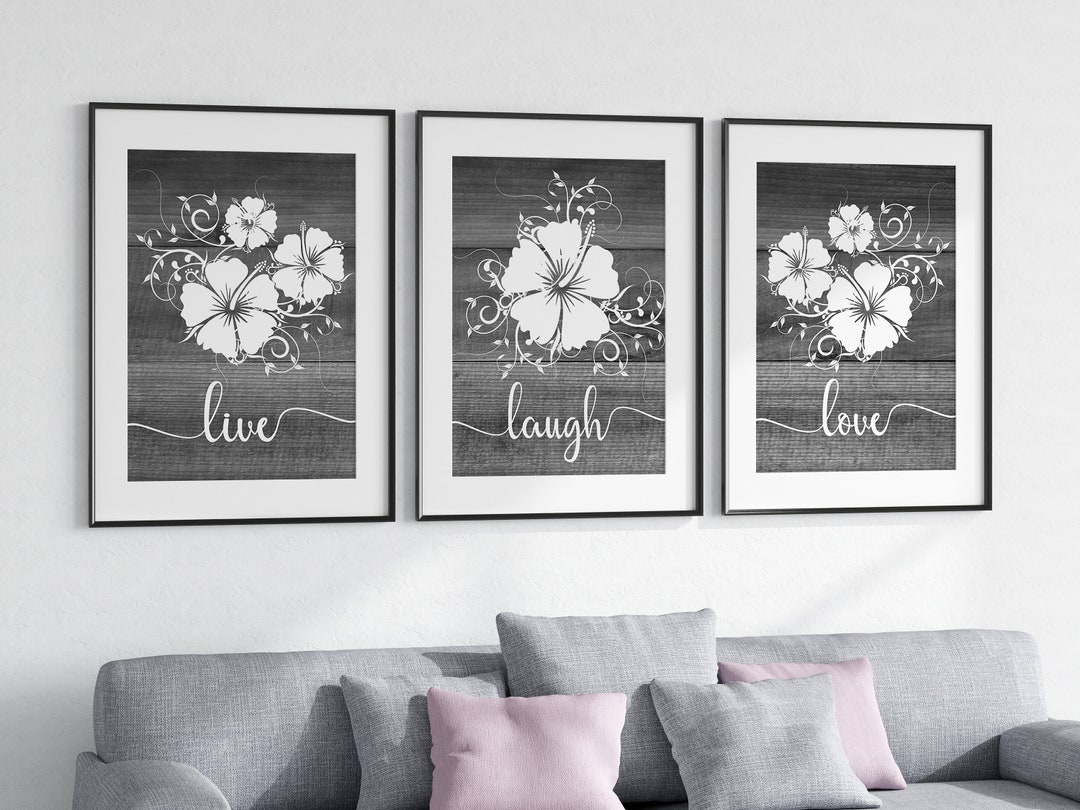 Gray Floral Wall Art Prints, Live Laugh Love Farmhouse Wall Decor, Set of 3 Gallery Wall Canvas