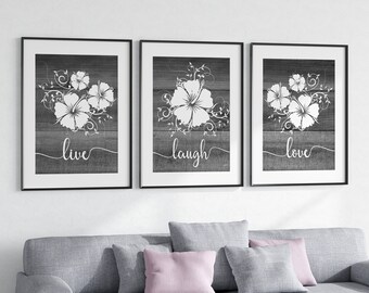 Gray Floral Wall Art Prints, Live Laugh Love Farmhouse Wall Decor, Set of 3 Gallery Wall Canvas, Gray Bathroom Bedroom Framed Art - HOME877