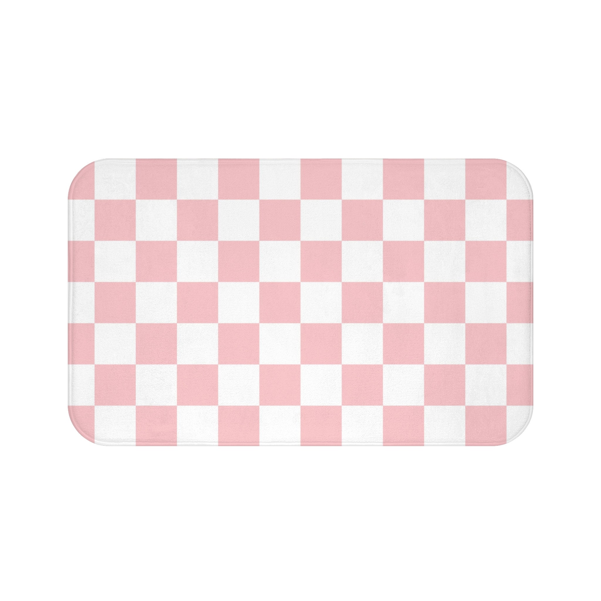 ピンクと白のチェック柄風呂マット Checkered Pink and White Bath Mat, Washable Modern Shower
