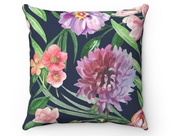 Blue Floral Outdoor Pillow, Navy Blue Water Resistant Porch Patio and Garden Bench Pillows - OPIL363