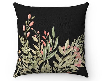Black Floral Outdoor Pillow, Green Flower Outdoor Pillow, Porch Patio Garden Bench Pillow - OPIL83