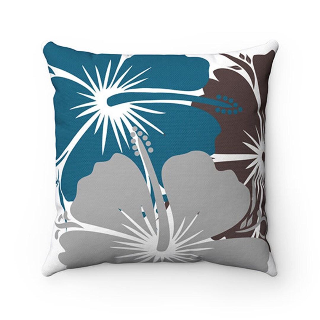 Teal Blue and Brown Throw Pillow, Hibiscus Pillow Cover, Tropical Accent Pillow, Brown and Teal