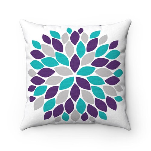 Throw Pillow Cover Purple Teal Gray Flower Burst Pillow Etsy