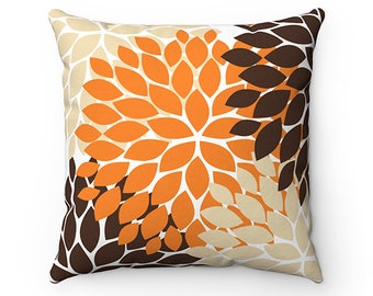 Floral Throw Pillow Cover, Orange and Brown Accent Pillow, Brown Orange Flower Pillow Cover, Couch Cushion, Brown Bedroom Decor - PIL86