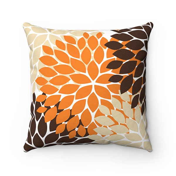 Floral Throw Pillow Cover, Orange and Brown Accent Pillow, Brown Orange Flower Pillow Cover, Couch Cushion, Brown Bedroom Decor - PIL86