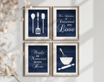 Blue Kitchen Canvas Prints, This Kitchen is Seasoned with Love Quote Art, Set of 4 Farmhouse Kitchen Wall Art - HOME853