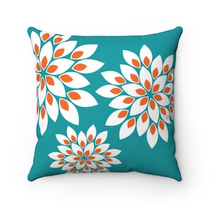 Teal and Orange Throw Pillow Cover, Turquoise Pillow, Teal Floral Accent Pillow, Couch Cushion, Orange Turquoise Home Decor - PIL222