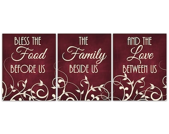 Red Dining Room Wall Art Prints, Bless The Food Before Us, The Family Beside Us, The Love Between Us, Dining Room Quote Art - HOME762