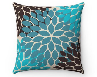 OUTDOOR PILLOW, Blue and Brown Floral Pillow, Outdoor Accent Pillow, Porch Pillow, Patio Pillow - OPIL80