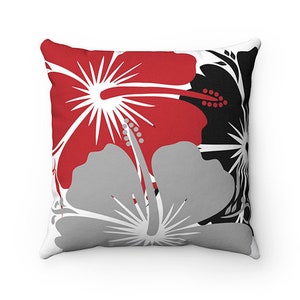 Hibiscus Pillow Cover, Red Throw Pillow, Black Accent Pillow, Tropical Decor, Floral Pillow, Hibiscus Decor, Red Black Gray Bedroom - PIL166