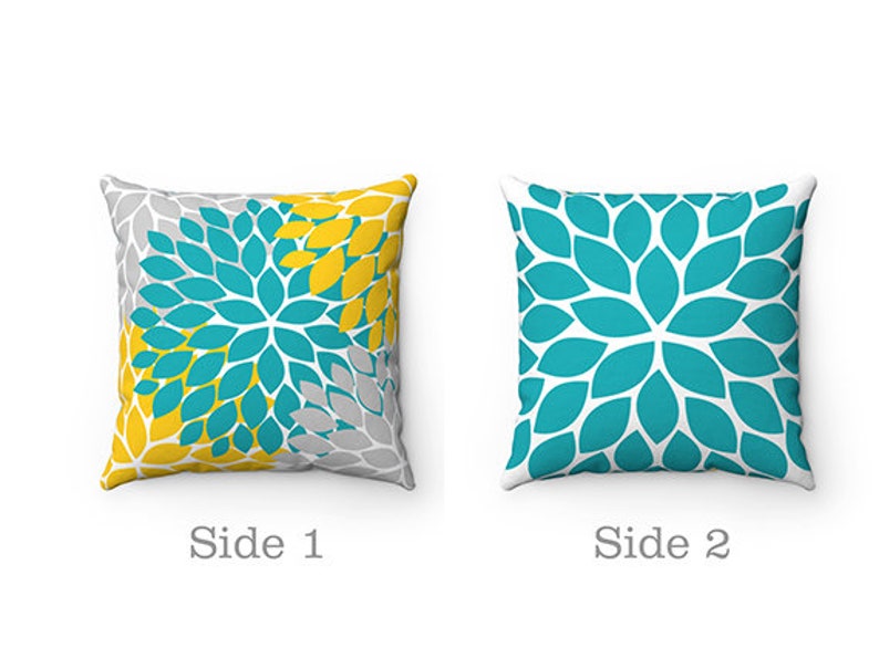 Teal Yellow Gray Flower Pillow Cover Throw Pillow Modern Etsy