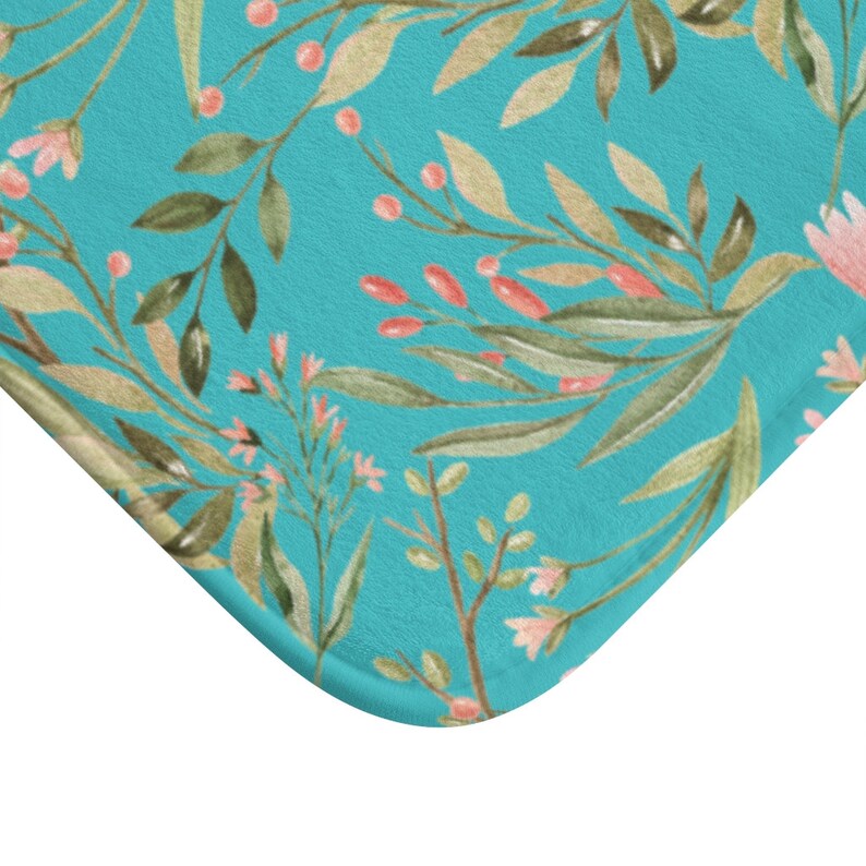 Teal and Green Floral Floor Mat Floral Bath Mat Teal Kitchen Etsy