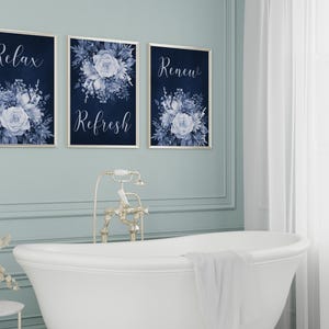 Framed Bathroom Wall Art Prints, Relax Refresh Renew Canvas, Set of 3 Navy Blue Floral Bathroom Art for Modern Home Decor - BATH601
