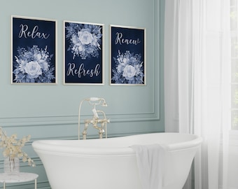 Framed Bathroom Wall Art Prints, Relax Refresh Renew Canvas, Set of 3 Navy Blue Floral Bathroom Art for Modern Home Decor - BATH601