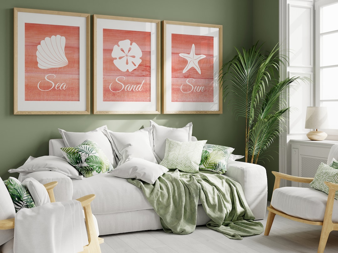 Coral Beach House Decor, Ocean Bathroom Wall Art, Sun Sand Sea Nautical