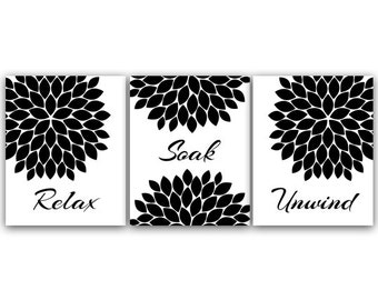 Bathroom CANVAS, Relax Soak Unwind, Black and White Bathroom Decor, Modern Bathroom Art, Set of 3 Bath Art Prints - BATH21
