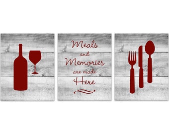 Home Decor Wall Art, Retro Kitchen Art, Wood Effect Fork and Spoon Wall Decor, Wine Glass Art, Red Art Print, Rustic Kitchen Decor - HOME140