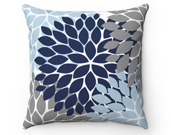 Blue and Gray Pillow Covers, Flower Burst Pillow Cover, Blue Throw Pillow Cover, Accent Pillow, Modern Home Decor, Floral Pillow - PIL99