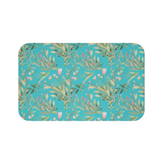 Teal and Green Floral Floor Mat Floral Bath Mat Teal Kitchen Etsy