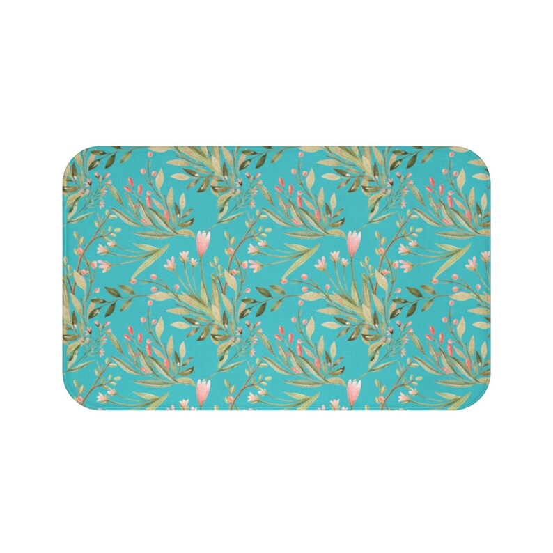 Teal and Green Floral Floor Mat Floral Bath Mat Teal Kitchen Etsy
