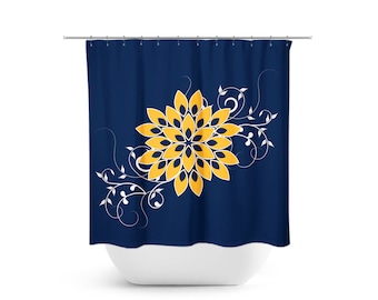 Blue and Gold Flower Shower Curtain, Blue Bathroom Decor, Navy Blue Shower Curtain, Blue Yellow Bathroom, Floral Bathroom - SHOWER157