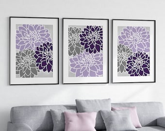Purple Grey Flower Burst Art, Home Decor Wall Art Canvas and Prints, Bathroom Wall Decor Framed Art, Purple Bedroom Decor - HOME1136