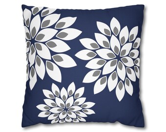 Outdoor Navy Blue and White Floral Throw Pillow, Accent Pillow for Blue Outdoor Furniture Decor - OPIL433