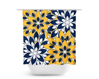 Blue and Gold Flower Burst Shower Curtain, Blue Bathroom Decor, Navy Blue Shower Curtain, Blue Yellow Bathroom, Floral Bathroom - SHOWER158