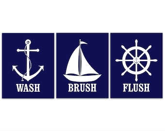 Wash Brush Flush CANVAS or PRINTS, Nautical Bathroom Rules Wall Art, Kids Bathroom Decor, Navy Boys Bathroom Art, Anchor Wheel - BATH189