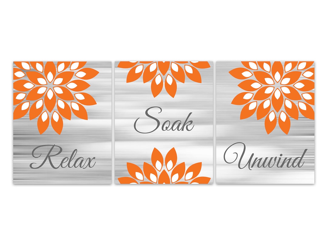 Orange and Gray Bathroom Wall Art, Relax Soak Unwind CANVAS or PRINTS