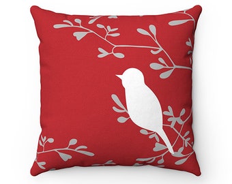 Red Throw Pillow Cover, Love Birds Pillow Cover, Birds and Branches Accent Pillow, Red Bedroom Decor, Modern Home Decor - PIL145